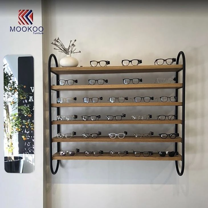 Metal And Wood Glasses Eyewear Shelf Display Design