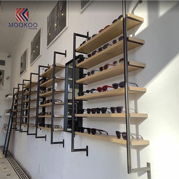Metal And Wood Glasses Eyewear Shelf Display Design